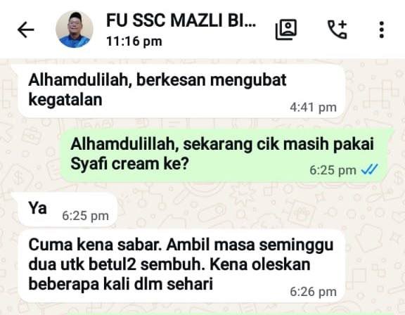 Mesej WhatsApp sebenar Mazli: Alhamdulilah, berkesan mengubat kegatalan
