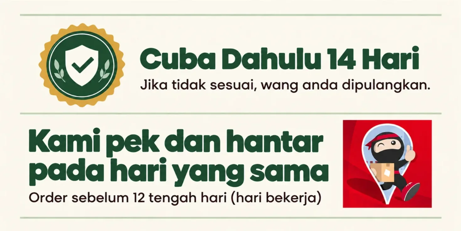 Cuba dahulu 14 hari, jika tidak sesuai wang anda dipulangkan. Kami pek dan hantar pada hari yang sama untuk order sebelum 12 tengah hari, hari bekerja.