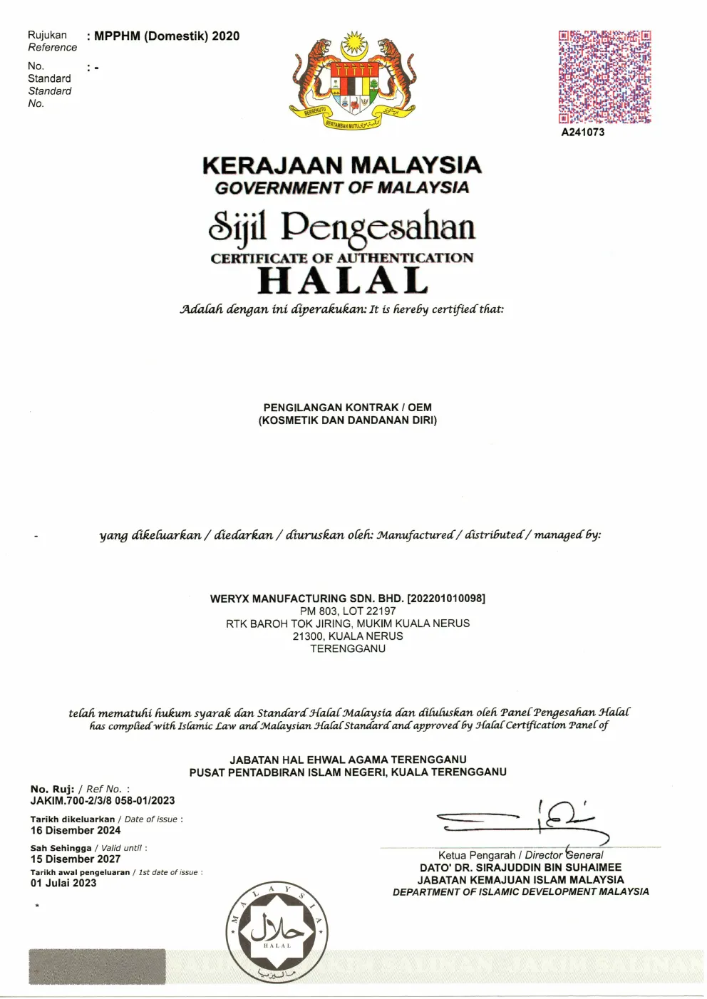 Sijil Pengesahan Halal Malaysia, WERYX Manufacturing Sdn Bhd